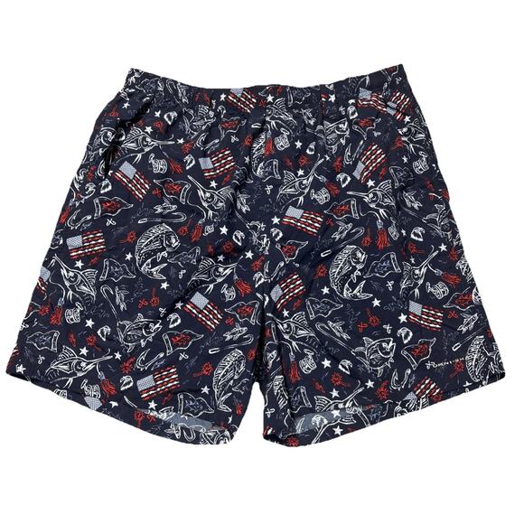 Columbia PFG Swim Trunks Mens Large Blue All Over USA American Flag Fish Patriot - Picture 1 of 4